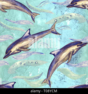 A breve becco delfino comune, dipinte a mano illustrazione ad acquerello, seamless pattern sul blu oceano verde superficie con lo sfondo delle onde Foto Stock