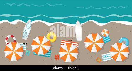 Tourist spiaggia con ombrelloni occhiali da sole e tavole da surf illustrazione vettoriale EPS10 Illustrazione Vettoriale