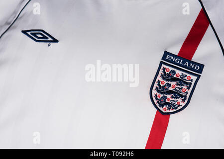 Close up replica Inghilterra kit per la FIFA 2002 Coppa del Mondo in Giappone e Corea del Sud. Foto Stock