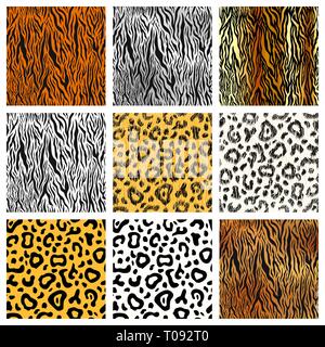 Set di grandi dimensioni di realistica e cartoon tiger, ghepardi e pelle di leopardo, dettagliati modelli senza giunture Illustrazione Vettoriale