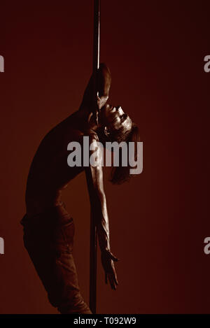 Sportivo sul pilone, sportivo dancing in pole con corpo argento. Foto Stock