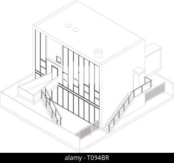 Wireframe prospettica di una casa moderna. Il rendering di un edificio da Kazuyo Sejima in Chiba, Giappone. Illustrazione Vettoriale