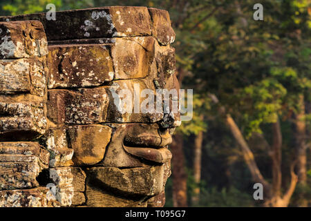 1 di 216 sorridenti facce di pietra arenaria a 12thC Bayon, Re Jayavarman VII l'ultimo tempio di Angkor Thom; Angkor, Siem Reap, Cambogia. Foto Stock