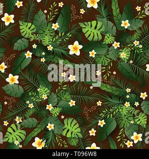 Modello senza giunture esotico sfondo floreale. Fiori tropicali e foglie su sfondo scuro. Vegetazione esotica print design uniforme Illustrazione Vettoriale