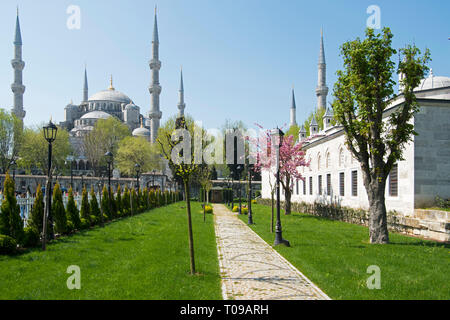 Türkei, Istanbul, Sultanahmet, Mausoleo von Sultan Ahmed I. links die Sultanahmet-Moschee Foto Stock