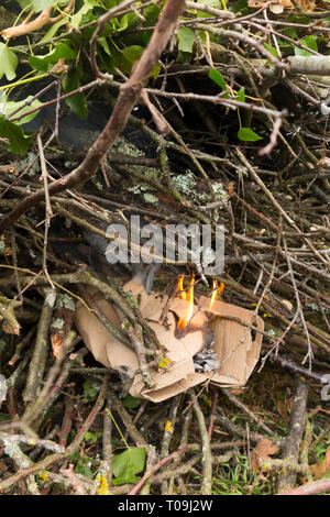 Impostazione fuoco con la carta e il cartone alla luce di un falò domestico a bruciare foglie e rami di alberi e ramoscelli, acceso in un giardino interno in campagna. (104) Foto Stock