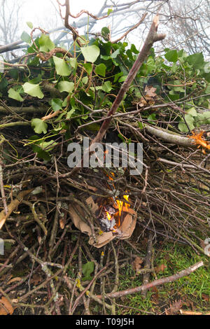 Impostazione fuoco con la carta e il cartone alla luce di un falò domestico a bruciare foglie e rami di alberi e ramoscelli, acceso in un giardino interno in campagna. (104) Foto Stock