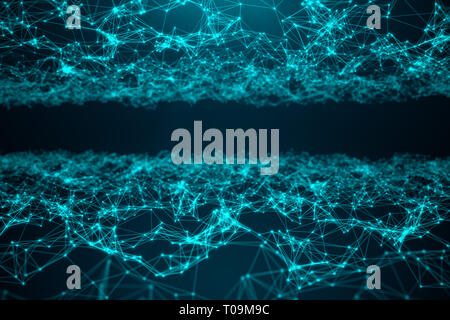 Trasferimento astratto grande tecnologia. Panorama digitale con collegamento globale, bassa poli di connessione di rete di punti e linee su sfondo blu. Il cyberspazio Foto Stock