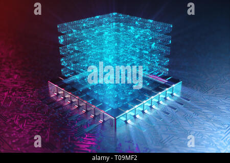 AI - intelligenza artificiale concetto. Ologramma sopra la CPU. La macchina di apprendimento. Calcolatore centrale processori sulla scheda a circuito stampato con tracce luminose. Enc Foto Stock