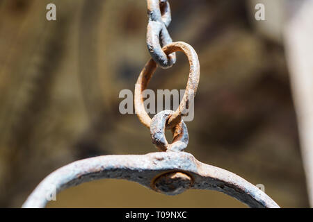 Catena di metallo ring marrone weathered vecchio pezzo pendenti di lunghezza di catena su un soleggiato verde sfondo sfocato Foto Stock