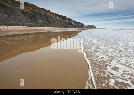 Una spiaggia con la bassa marea, con sabbia bagnata e di riflessioni; a Charmouth, nella Jurassic Coast Sito Patrimonio Mondiale, Dorset, Gran Bretagna. Foto Stock