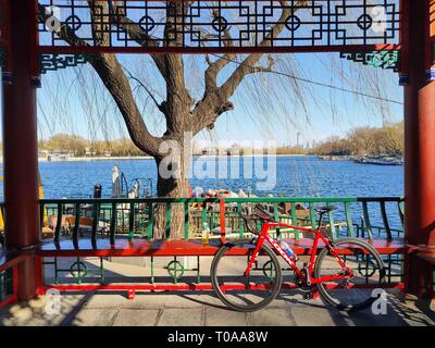 Pechino, Cina. 6 Mar, 2019. Foto scattate con un telefono cellulare mostra il paesaggio di primavera presso l'Houhai area in Pechino, capitale della Cina, 6 marzo 2019. Credito: Li Renzi/Xinhua/Alamy Live News Foto Stock