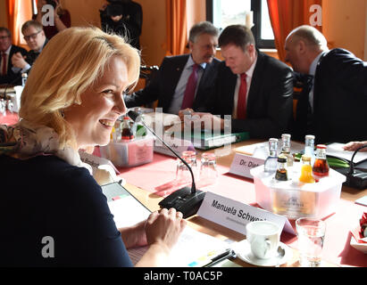 Wittenberge, Germania. Xix Mar, 2019. Manuela Schwesig (SPD), il Primo Ministro del Meclemburgopomerania Occidentale, è in attesa per l'inizio della riunione di gabinetto congiunta del Brandeburgo e Meclemburgo-Pomerania. Argomenti del meeting sono la cooperazione nelle regioni di confine e i servizi di interesse generale nelle aree rurali. Credito: Bernd Settnik/dpa-Znetralbild/dpa/Alamy Live News Foto Stock