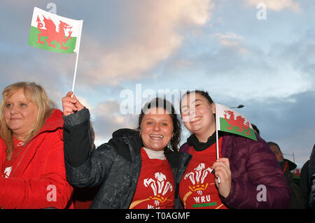 Il Galles tifosi durante il 2019 Guinness Sei Nazioni Grand Slam vincitori celebrazione benvenuti all'Senedd nella Baia di Cardiff. Foto Stock