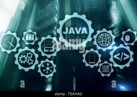 Java Programming concept. Macchina virtuale. Sul server di sottofondo in camera Foto Stock