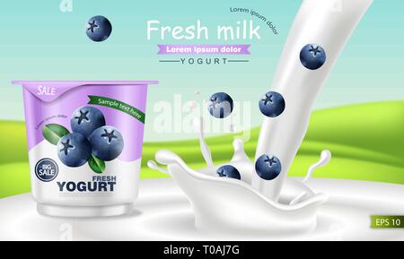 Mirtillo yogurt realistica del vettore. Il product placement mock up. Di yogurt fresco splash con frutti. Design etichetta. 3d illustrazione dettagliata Illustrazione Vettoriale