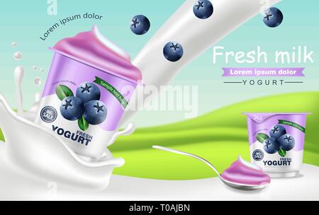 Mirtillo yogurt realistica del vettore. Il product placement mock up. Di yogurt fresco splash con frutti. Design etichetta. 3d illustrazione dettagliata Illustrazione Vettoriale