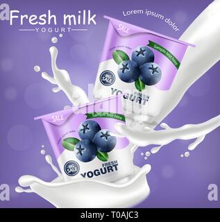 Mirtillo yogurt realistica del vettore. Il product placement mock up. Di yogurt fresco splash con frutti. Design etichetta. 3d illustrazione dettagliata Illustrazione Vettoriale