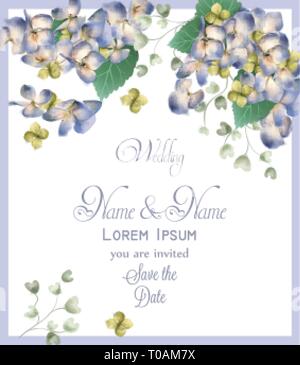 Scheda di nozze con molla hydrangea fiori acquerello del vettore. Floreale romantico invito o un biglietto di auguri decorazione. Le donne al giorno, il giorno di San Valentino, vendite Illustrazione Vettoriale