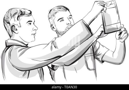 Due medici analizzando un X-ray disegno vettoriale storyboard. Dettagliata illustrazione di carattere Illustrazione Vettoriale