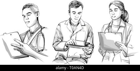 I medici del working set disegno vettoriale storyboard. Dettagliata illustrazione di carattere Illustrazione Vettoriale