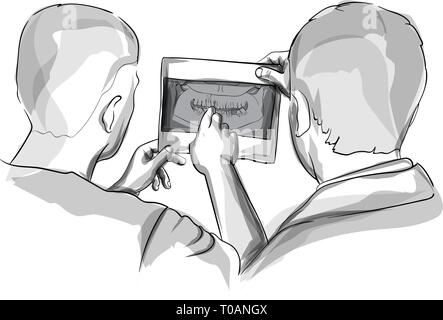 Due medici analizzando Xray schema di disegno vettoriale storyboard Illustrazione Vettoriale