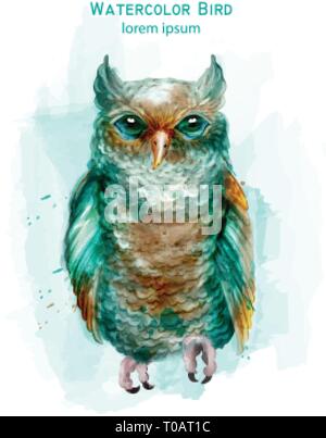Il gufo blu colorata ad acquerello del vettore. Uccelli esotici isolato su bianco Illustrazione Vettoriale