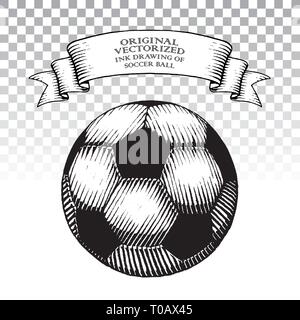 Illustrazione Vettoriale di stile Scratchboard disegno a inchiostro di pallone da calcio Illustrazione Vettoriale