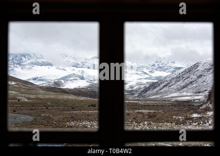 Splendida vista dalla finestra di 5820m coperta di neve Yala montagna di neve (Zhara Lhatse) sopra la praterie Tagong, Sichuan, in Cina Foto Stock