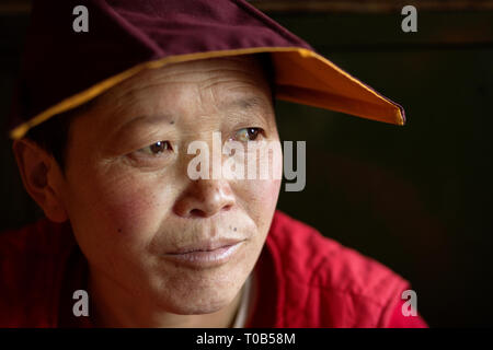 Nun all'Ani Gompa Tagong Monastero, Tagong, Distretto autonomo Garzê dei tibetani, Sichuan, in Cina Foto Stock