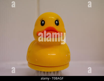 Rubber Duck Spazzola per unghie sul lavandino del bagno Foto Stock