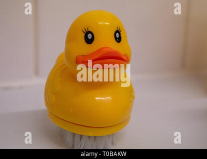 Rubber Duck Spazzola per unghie sul lavandino del bagno Foto Stock
