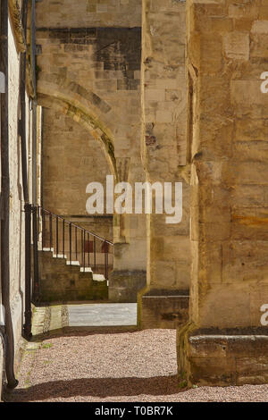 Architettura medievale - contrafforti sulla parete sud della Cattedrale di Exeter, in Exeter Devon, Gran Bretagna. Foto Stock