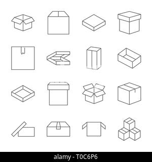 Set di icone della scatola in una moderna linea sottile stile. Nero di alta qualità outline package simboli per la progettazione di un sito web e le applicazioni per dispositivi mobili. Lineare semplice cassa in legno Illustrazione Vettoriale