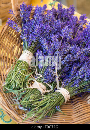 Mazzi di fiori di lavanda per la vendita al mercato degli agricoltori. Naturali, erbe aromaterapia. Foto Stock