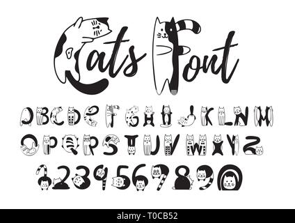 Gatti font, carino in bianco e nero alfabeto, numeri Illustrazione Vettoriale