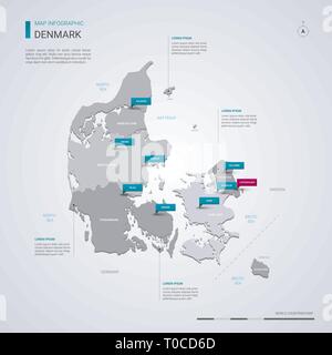 Danimarca mappa vettoriale con elementi infografico, segni di puntatore. Modello modificabile con regioni, città e capitale Copenhagen. Illustrazione Vettoriale