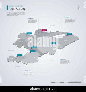 Kirghizistan mappa vettoriale con elementi infografico, segni di puntatore. Modello modificabile con regioni, città e capitale Bishkek. Illustrazione Vettoriale