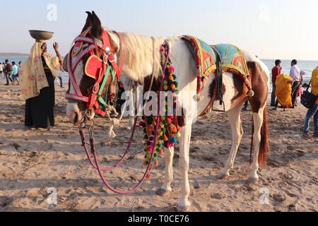 Turisti che si godono il loro tempo al tempio di Somnath beach/Somnath-Gujarat/India Foto Stock