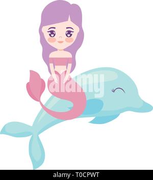 Carino mermaid seduta in dolphin animale illustrazione vettoriale design Illustrazione Vettoriale