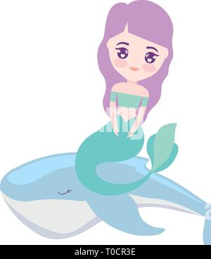 Carino mermaid seduta nel vettore di balena illustration design Illustrazione Vettoriale