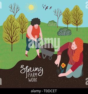 Il womens su un giardino portano in terra in un carrello e piantato una piantina di fiori. Illustrazione Vettoriale nel grazioso stile piatto Illustrazione Vettoriale