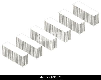 Sfondo con contorni di edifici a più piani da linee nere su uno sfondo bianco. Vista isometrica. Illustrazione Vettoriale Illustrazione Vettoriale