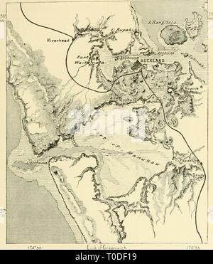 La terra e i suoi abitanti della terra e dei suoi abitanti .. earthitsinhabita00recl Anno: 1890 TOPOGEAPHY DELLA NUOVA ZELANDA. 449 Russell, sulla Baia delle Isole. Originariamente è stata scelta come capitale di tutto l'arcipelago, e anche se privi di questa dignità, è rimasto il laro-est, città con una popolazione di oltre sessantamila, compresi i sobborghi ; qui è anche il capo dell università di Colonia. Auckland deve la sua importanza alla sua Fig. 193.-Auckland. Scala 1: 550.000. 174-30 ho74-55 profondità. Sands esposti in acque basse. 0A32 piedi. 32 piedi e verso l'alto. Dodici miglia. ammirevole pos Foto Stock