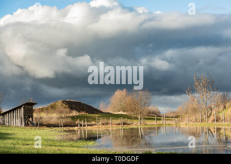 Idilliaco paesaggio inondato con hat nella parte anteriore del cielo grigio in Germania Baviera Foto Stock