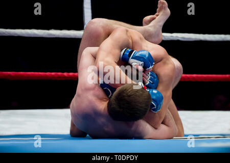 Mixed Martial fighters sul terreno di arena durante la competizione. Due Combattenti MMA lotta sulla corona del pavimento Foto Stock