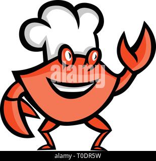 Icona di mascotte illustrazione di un granchio Cajun indossando un cuoco, baker o cucinare hat salutando se visto dalla parte anteriore su sfondo isolato in stile retrò. Illustrazione Vettoriale