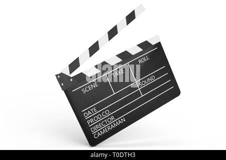 3d illustrazione di aprire il filmato battaglio o clapperboard isolati su sfondo bianco. Pellicola nera battaglio con campi per il tuo testo. Il soggetto del Foto Stock