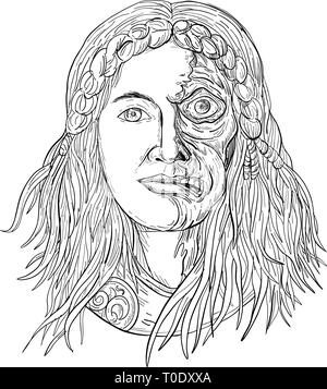 Schizzo di disegno illustrazione dello stile di faccia di Norse dea Hel con la faccia metà scheletro e metà carne con cupo, abbattuto aspetto . Illustrazione Vettoriale