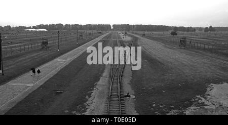 Oswiecim, Polonia - 11 luglio 2018. Birkenau-Auschwitz II vista dall'ingresso principale e la torre di guardia Foto Stock